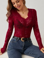 Miss | Top Dames V-hals Lange Mouw Slim Fit - Kant