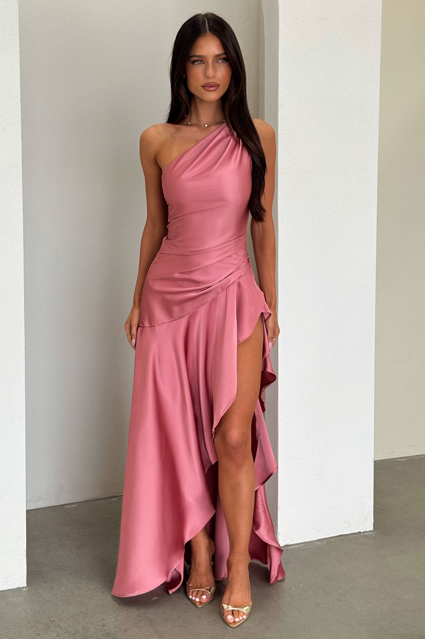 Miss | Jurk Dames One-Shoulder Maxi Satijn - Roze