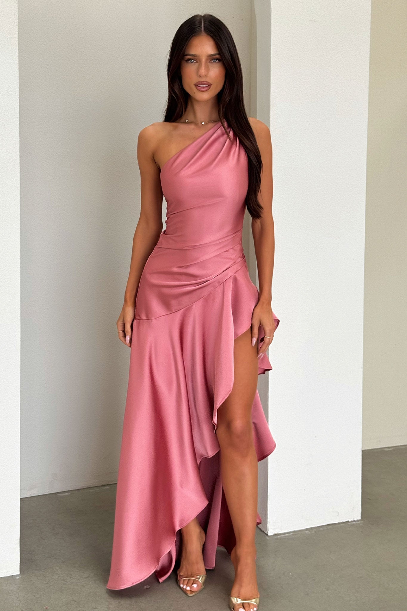 Miss | Jurk Dames One-Shoulder Maxi Satijn - Roze
