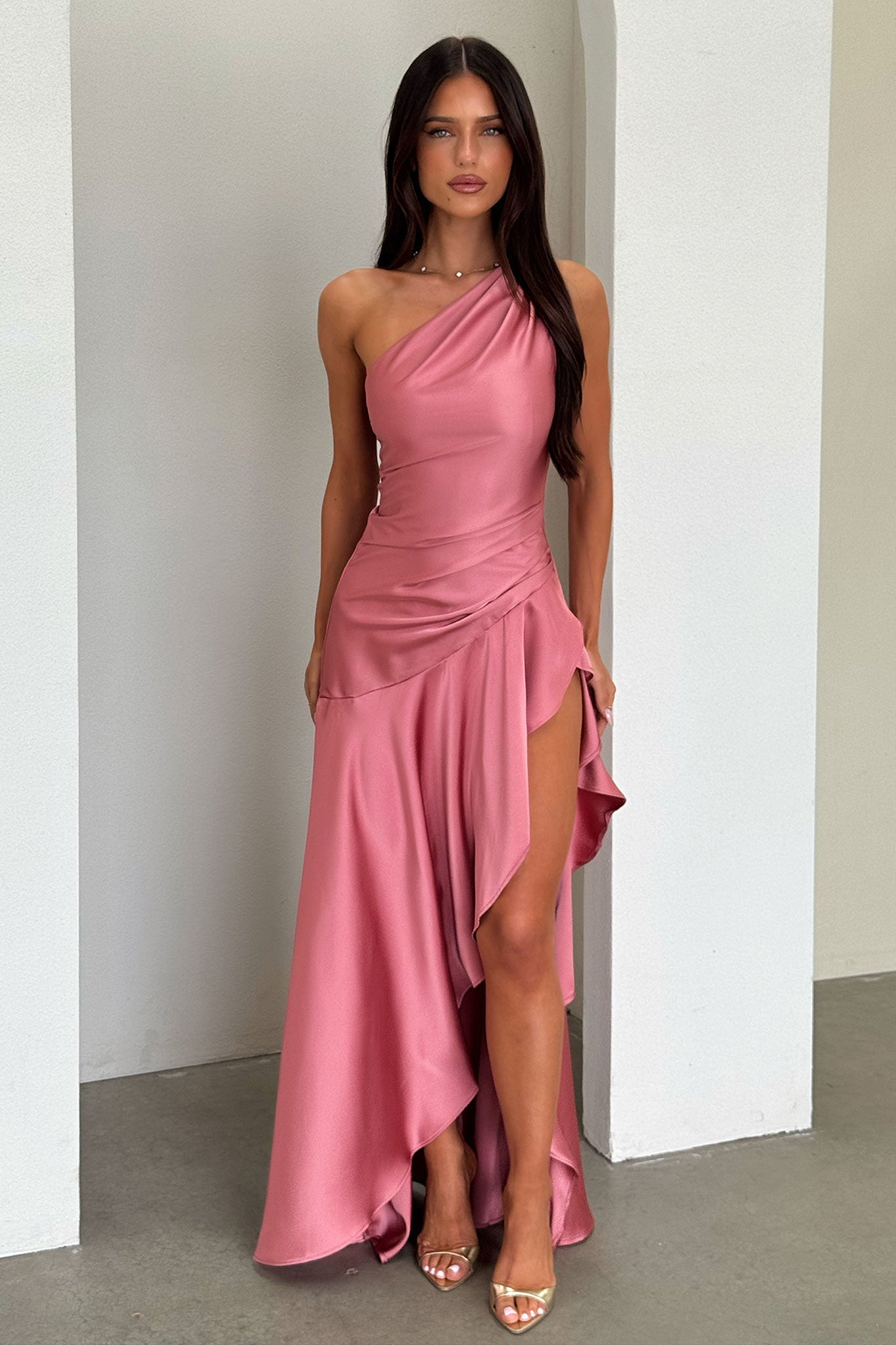 Miss | Jurk Dames One-Shoulder Maxi Satijn - Roze