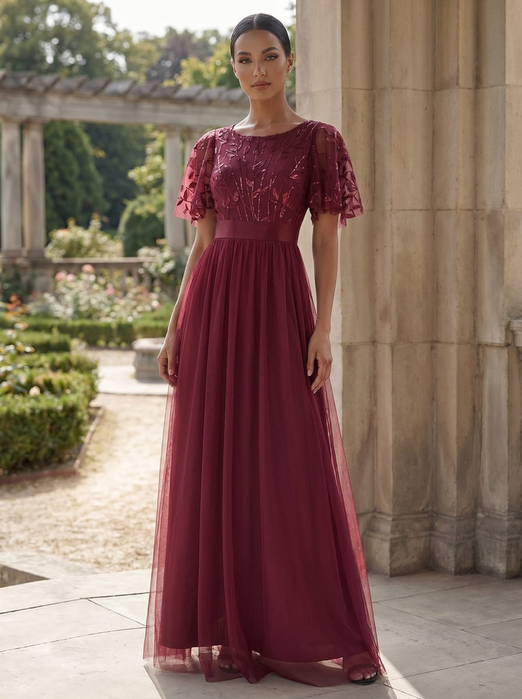 Miss | Jurk Dames Maxi Korte Mouw Pailletten - Tule