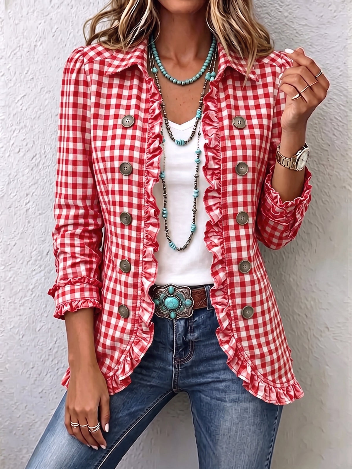 Charlene™ | Gingham Ruffled Button-Down Jacket — 3