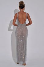 Nova’s Glow | Zilveren Maxi Jurk met Sprankelend Mesh Effect