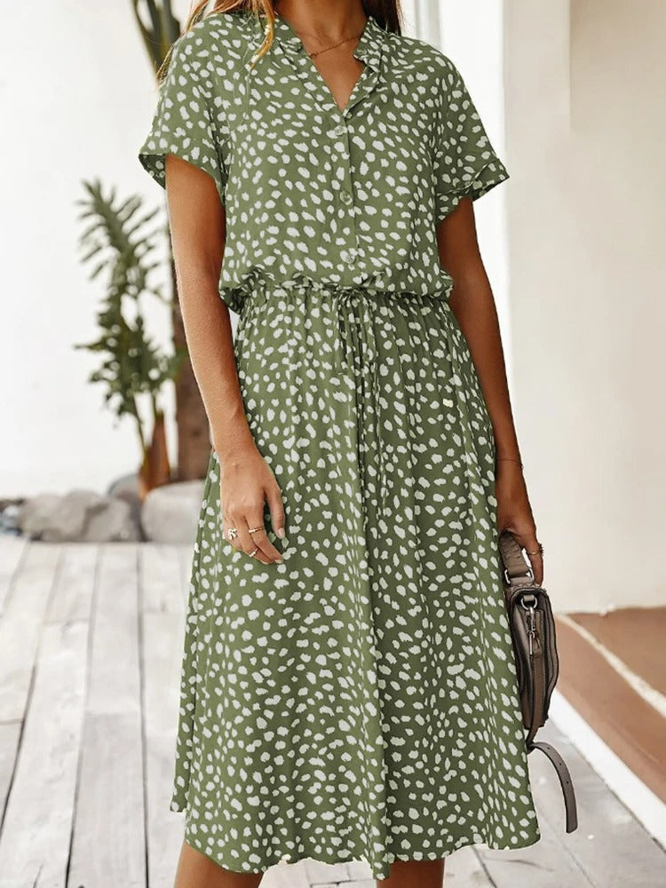 Zanelya | Midi jurk met Abstracte Stippenprint & Knoopsluiting