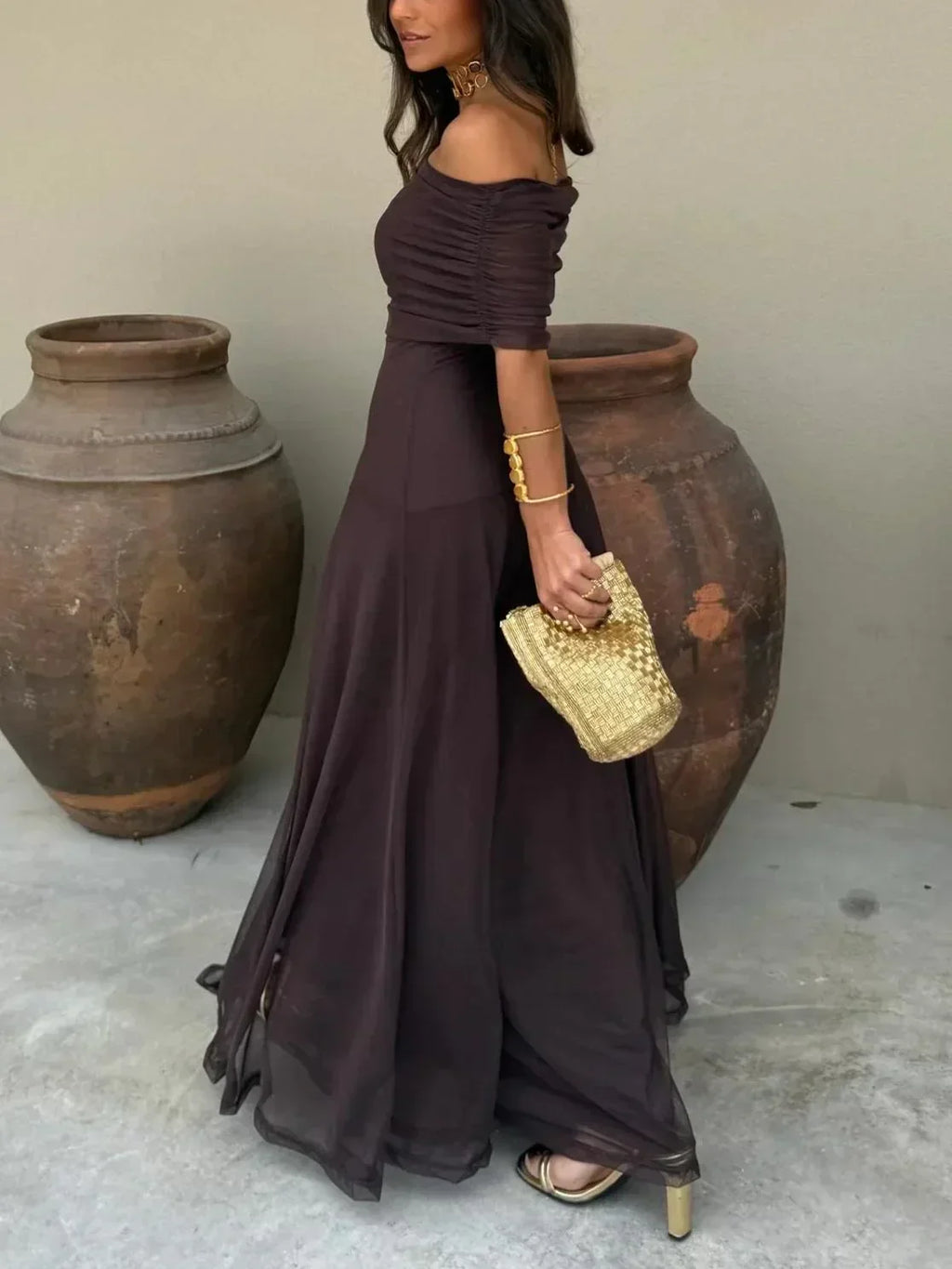 Miss | Jurk Dames Maxi Schoudervrij - Polyester
