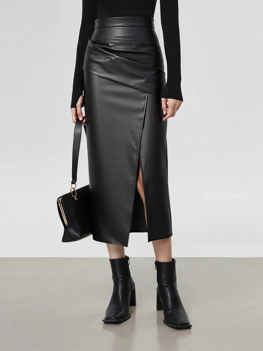 Ruched Leather Midi Skirt voor Fashion‑bewuste Vrouwen