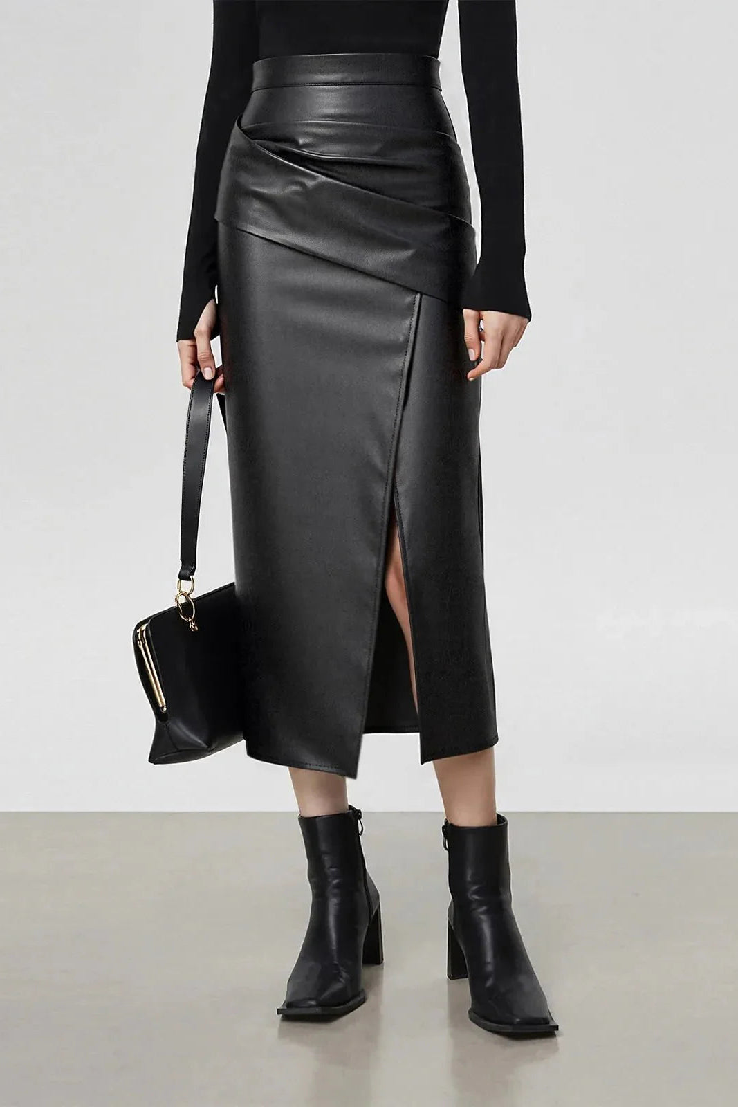 Sienna’s | Ruched Faux Leather Midi Skirt for Style‑Conscious Women