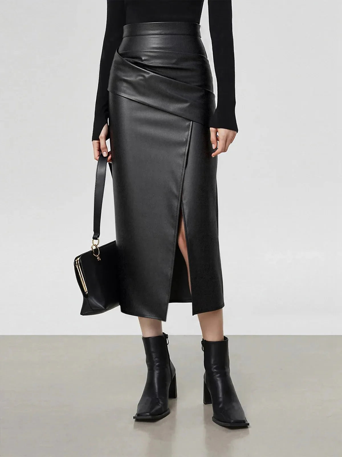 Ruched Leather Midi Skirt voor Fashion‑bewuste Vrouwen