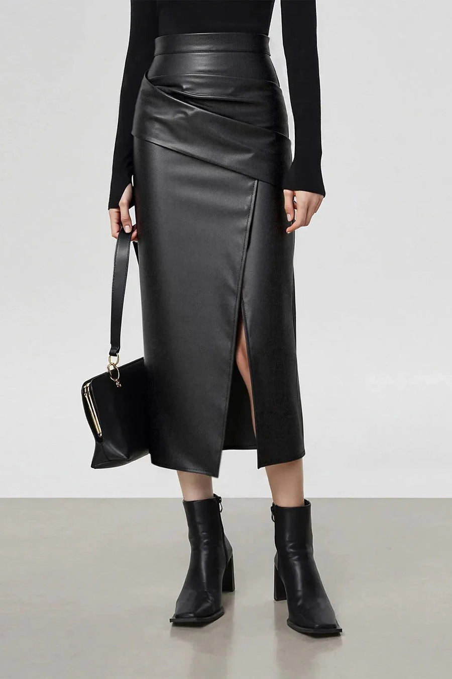 Sienna’s | Ruched Faux Leather Midi Skirt for Style‑Conscious Women