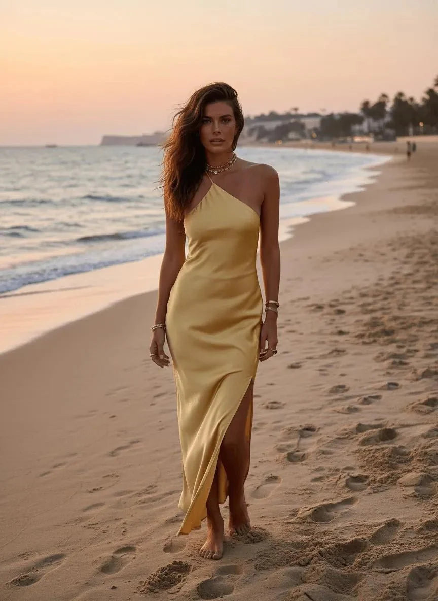 Miss | Jurk Dames Maxi Elegant One-Shoulder Split - Satijn